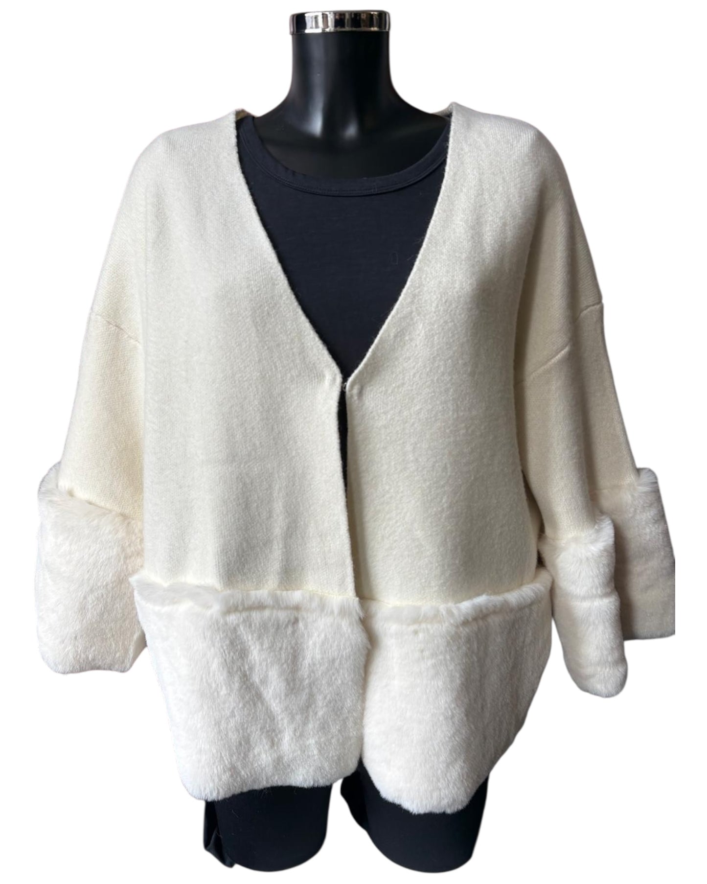Stacey knitted fur trim cardigan - Ivory