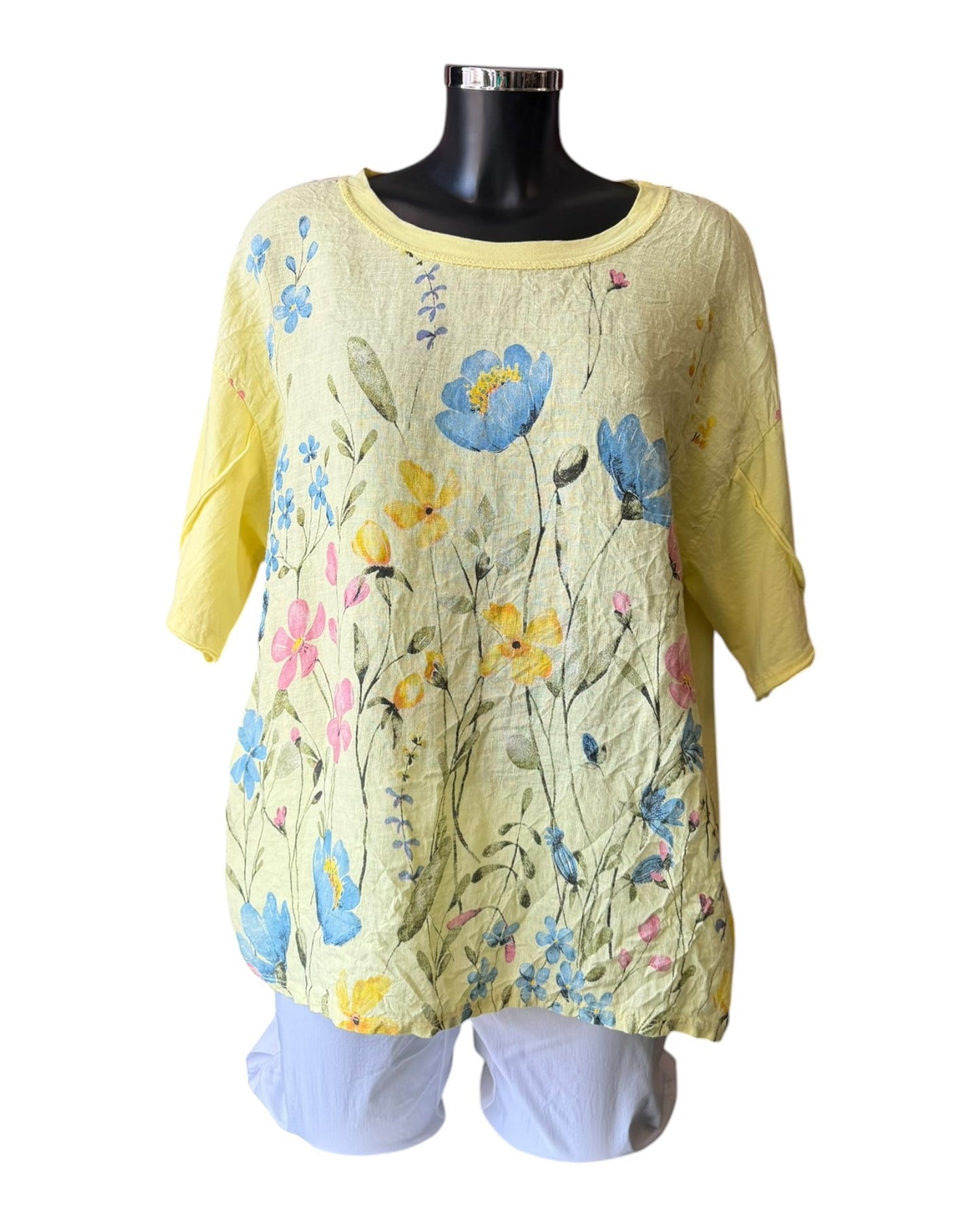 Amilla small flowers linen mix top - lemon