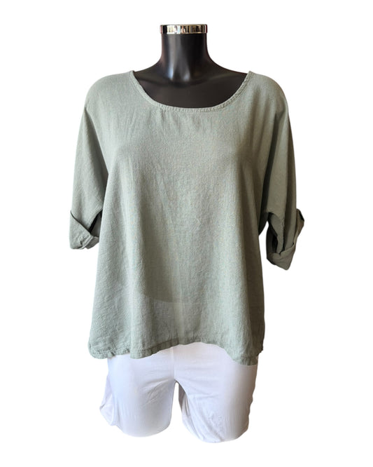 Mia cotton linen mix top - Khaki