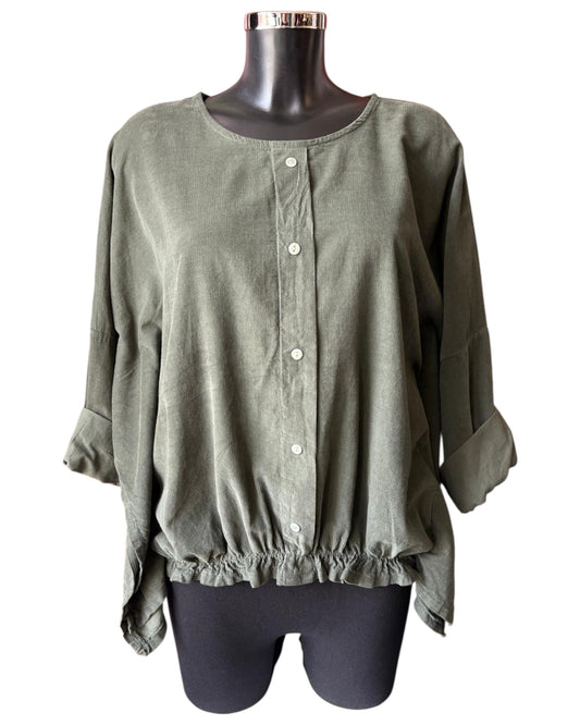 Gia needlecord quirky mock button top - Khaki