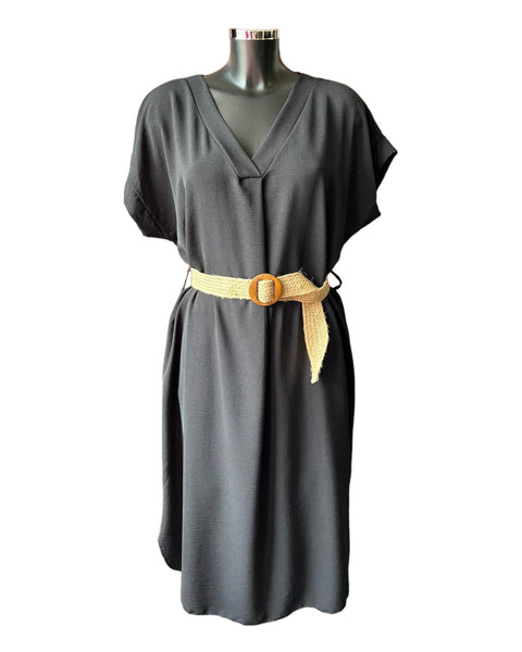 Lucy v neck dress and belt - Black