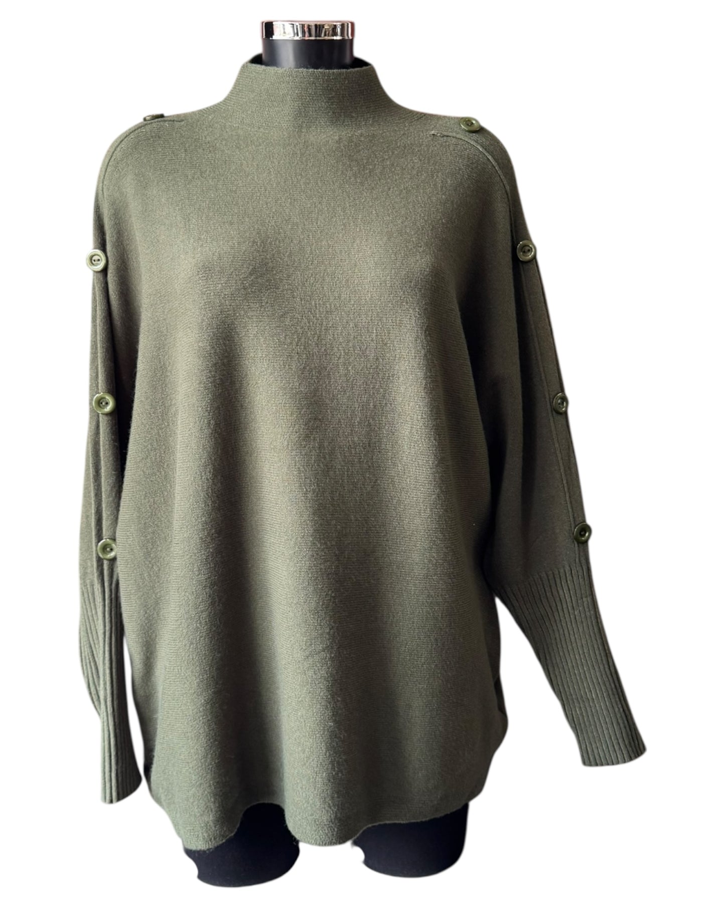 Elsie high neck button shoulder jumper - Khaki