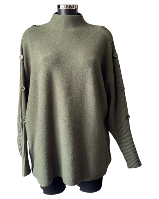 Elsie high neck button shoulder jumper - Khaki