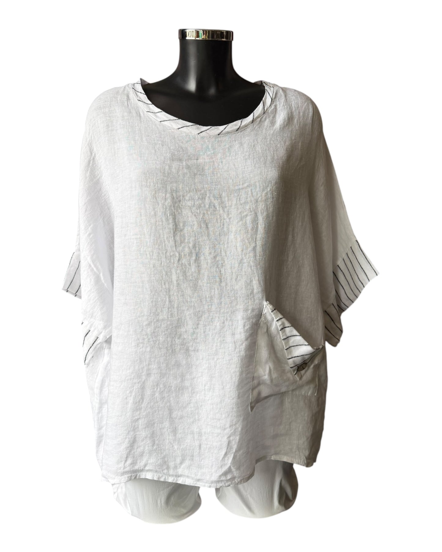 Hilda oversized striped trim linen top - White
