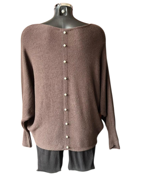 Cassie pearl back batwing jumper - Chocolate
