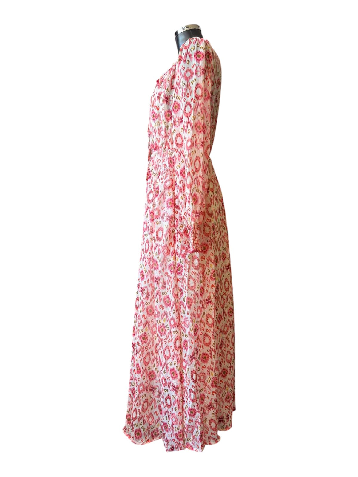 Abbie shirred shoulder chiffon midi dress - coral ikat