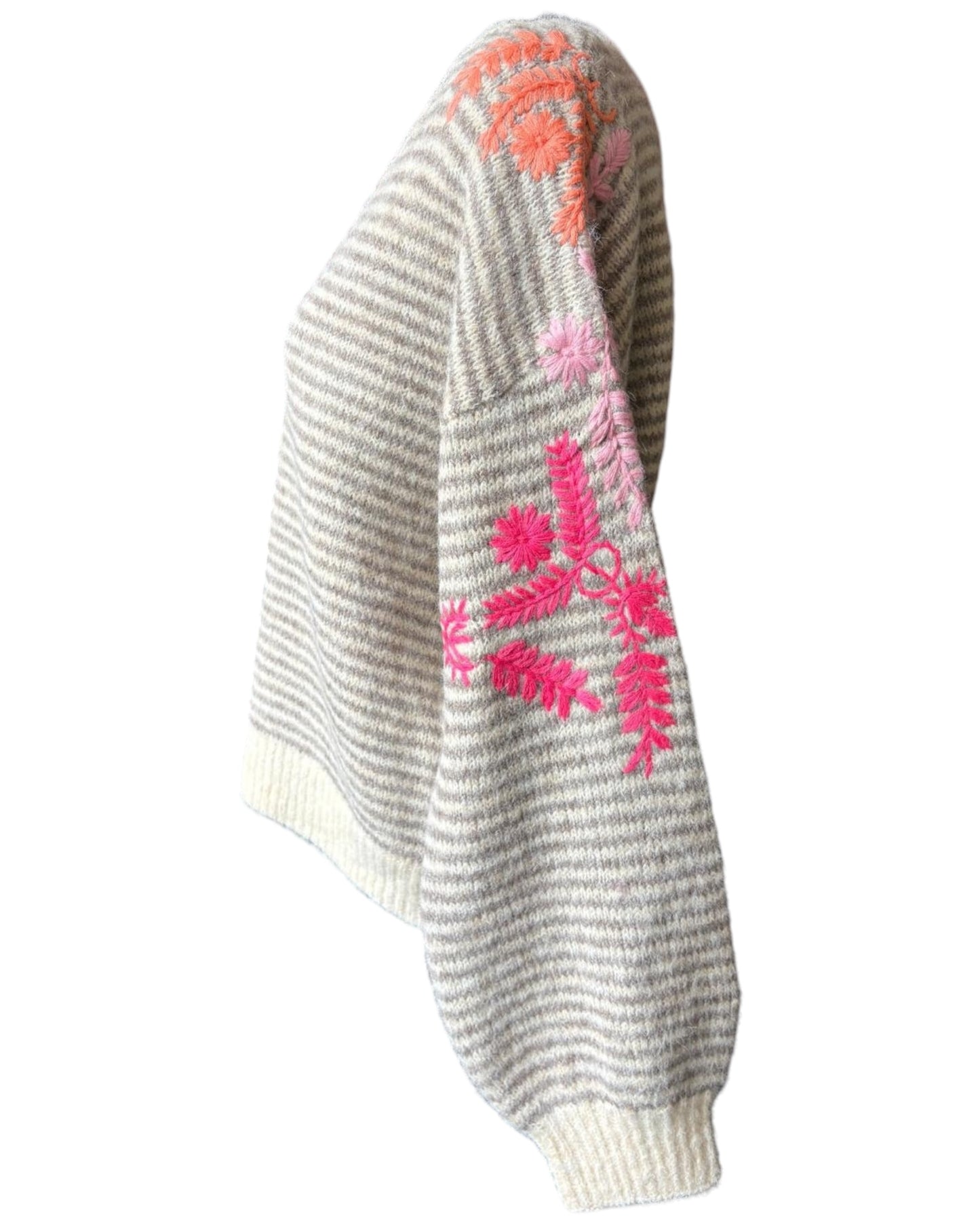 Scarlet striped appliqué flower v neck jumper - Beige