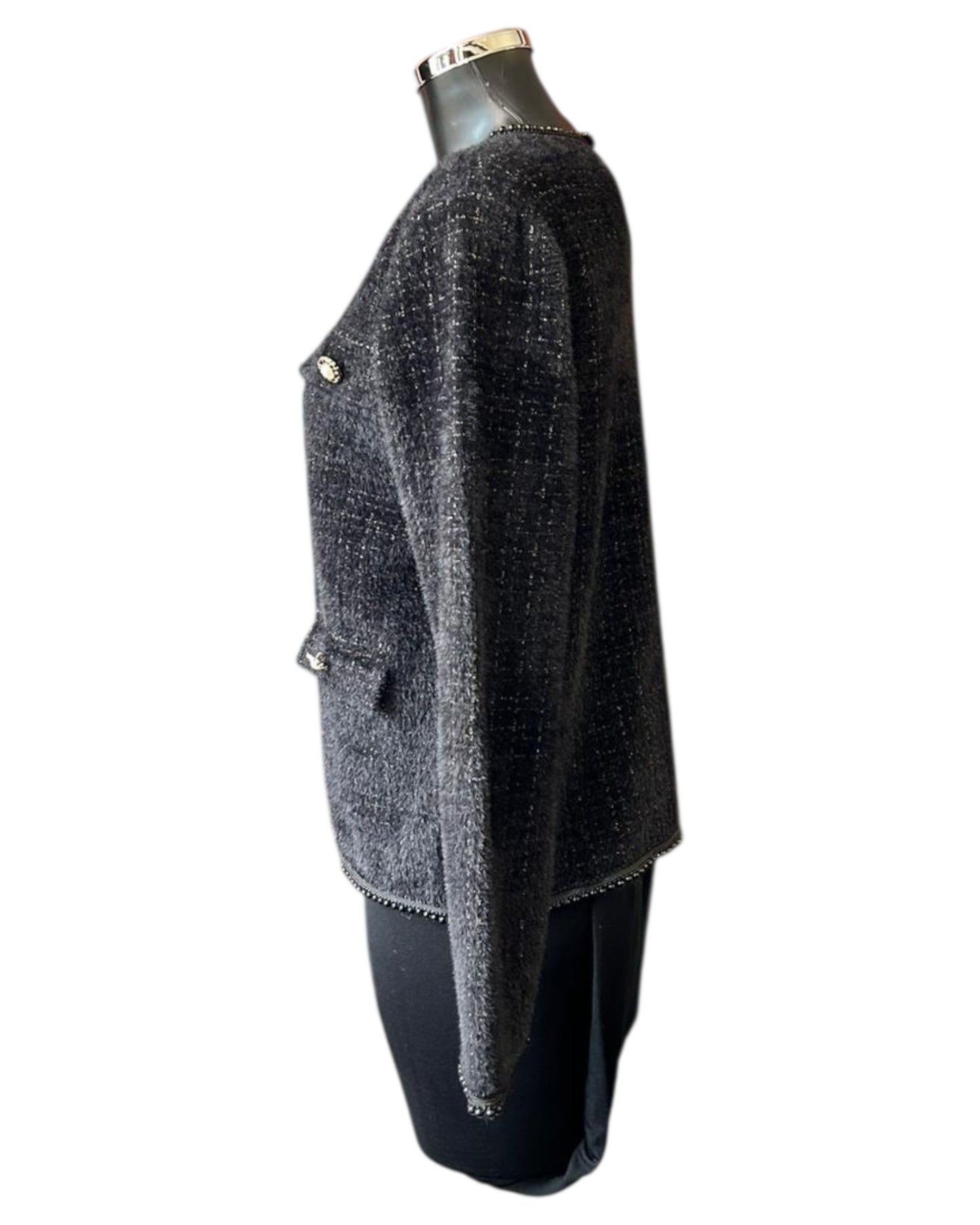 Chantelle pearl detail fluffy knit cardigan - Black