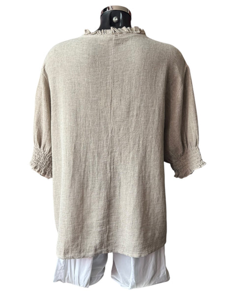 Casey range v neck shirred sleeve top - Mocha