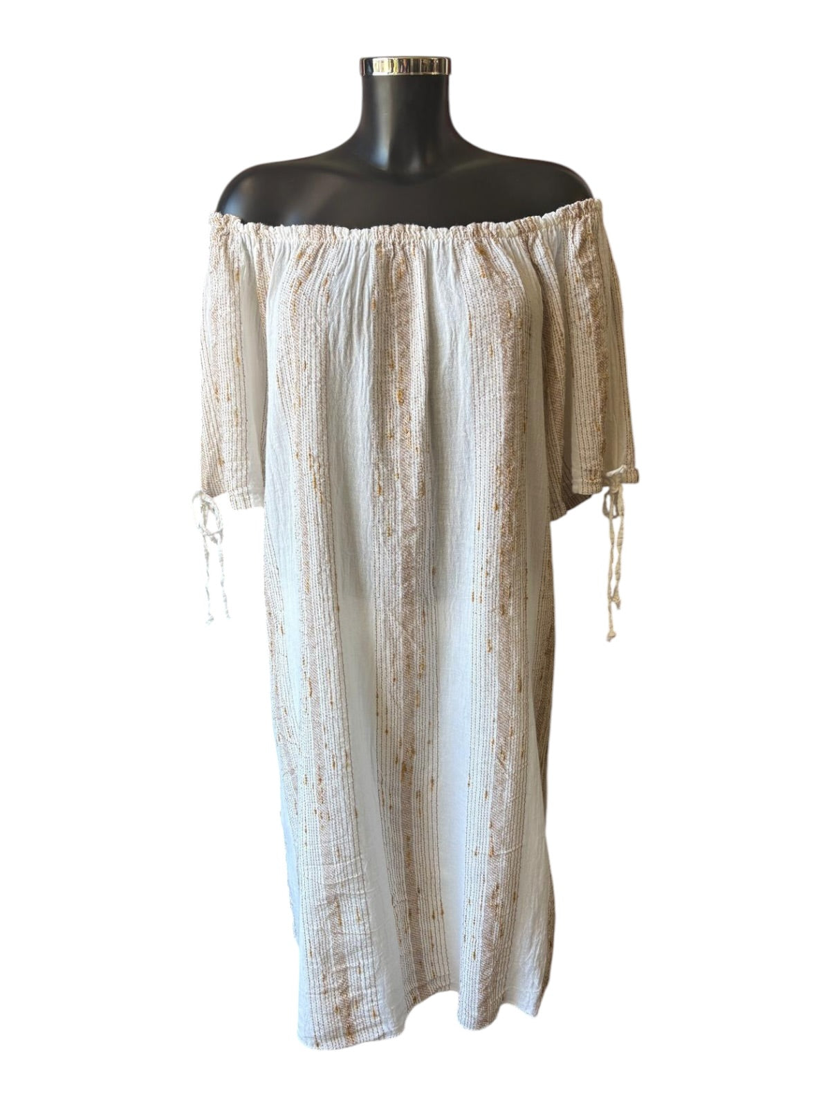 Caprice range linen and cotton gold thread off shoulder dress