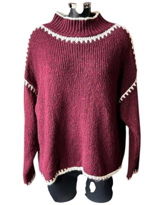Jessie contrast stitch high neck jumper - Bordeaux