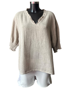Casey range v neck shirred sleeve top - Mocha