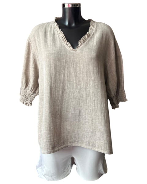Casey range v neck shirred sleeve top - Mocha