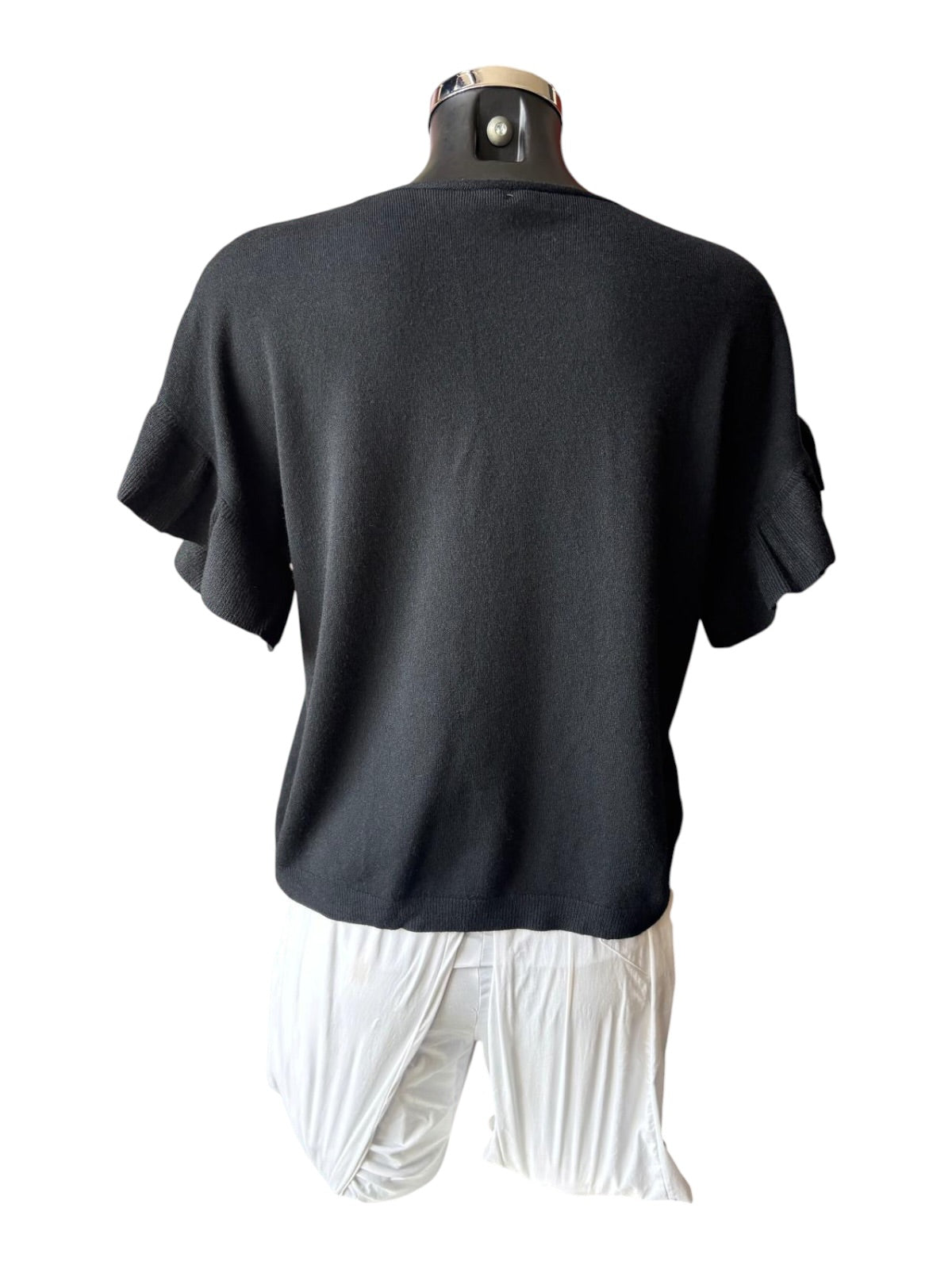 Anya frill sleeve fine knit short sleeve jumper - Black