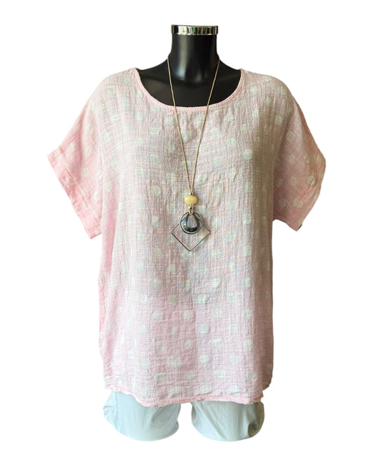 Polly polka dot cotton top & necklace - Pale pink