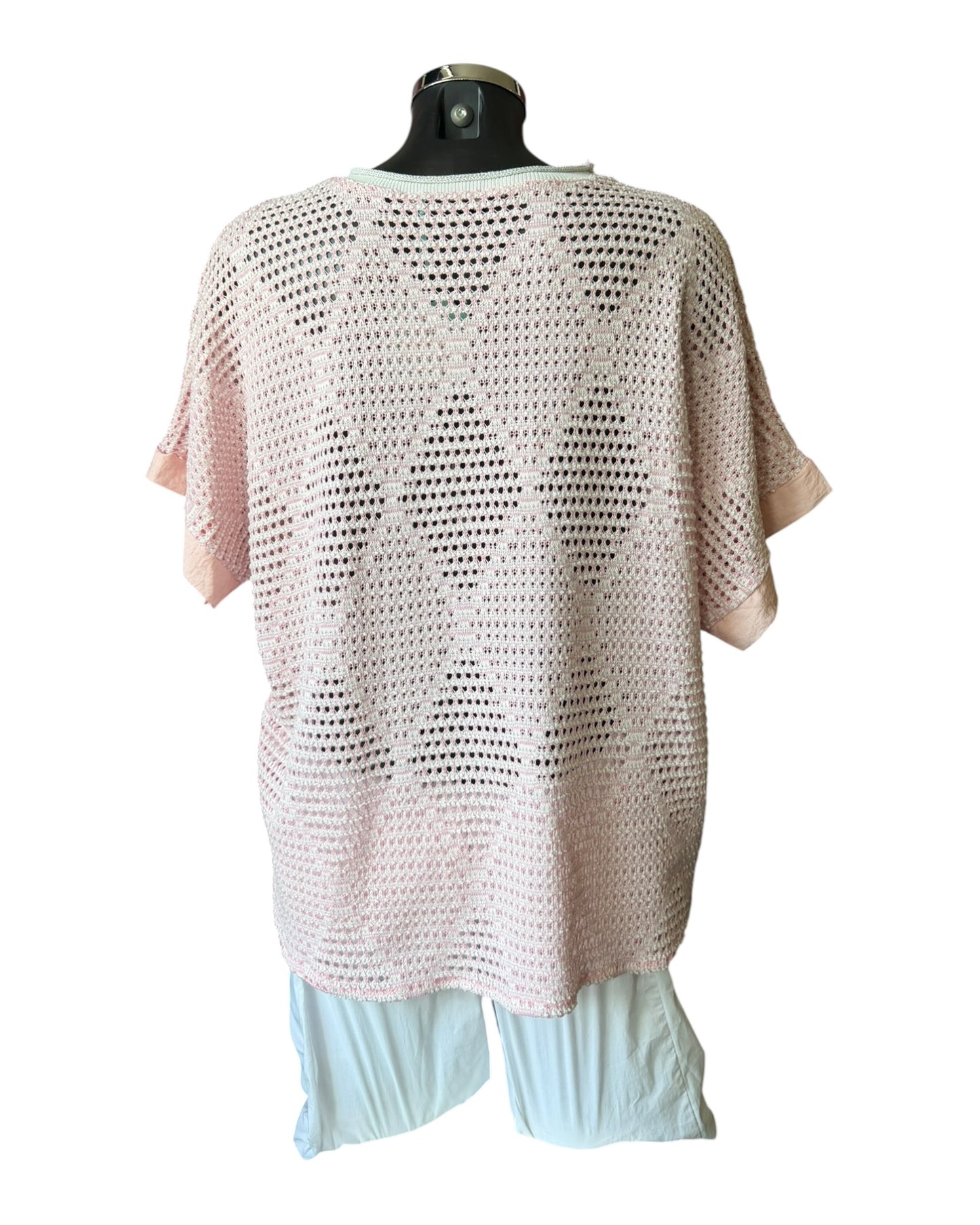Megan open knit applique flower knitted top - Pink