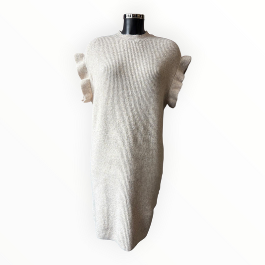 Una frill sleeve ribbed knit dress - Beige
