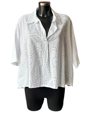 Natasha cutwork collared top - White