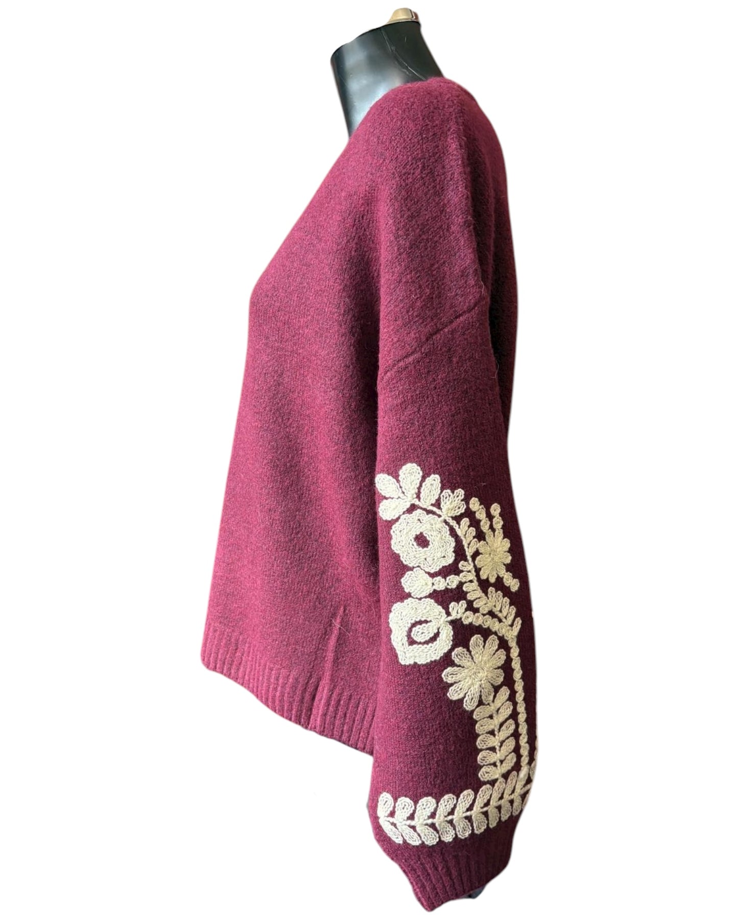 Brontë v neck appliqué sleeve jumper - Bordeaux