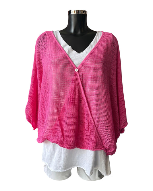 Carrie 2 piece batwing mesh top and vest - Fuchsia