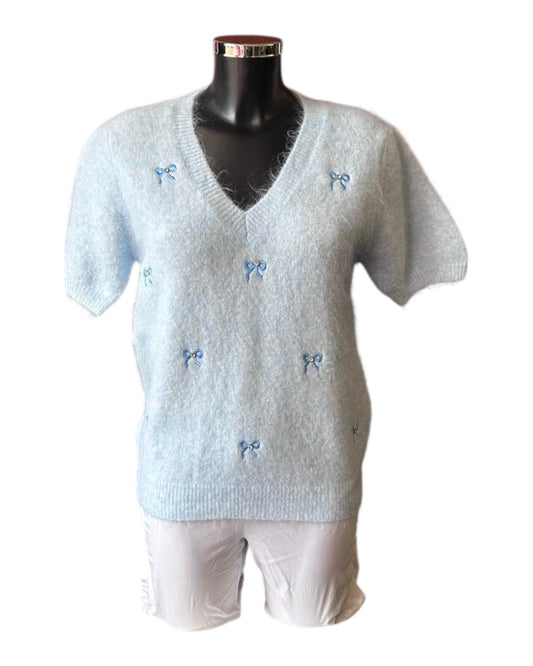 Molly v neck bow short sleeve jumper - Blue