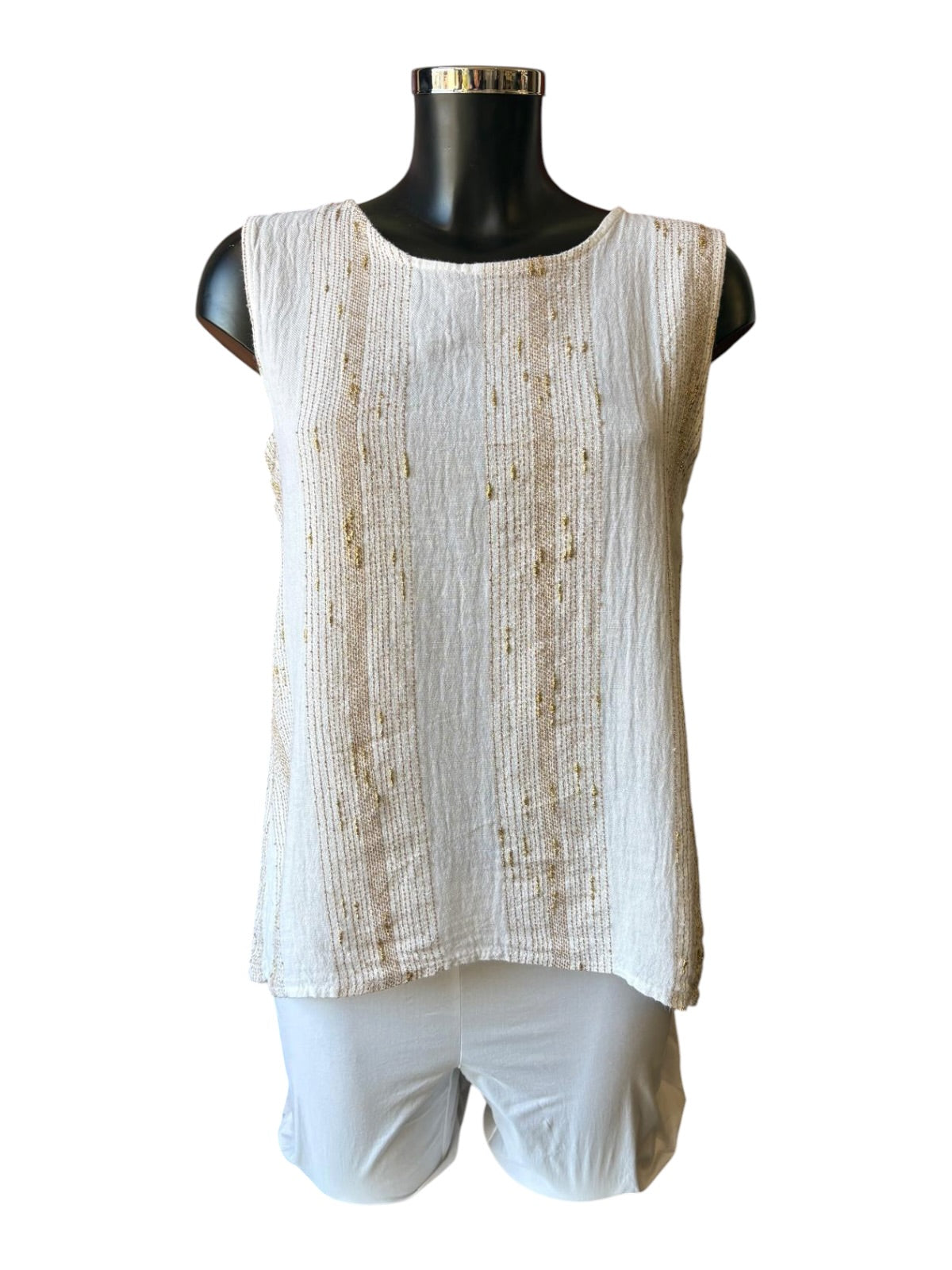 Caprice range linen and cotton gold thread pleat back vest top