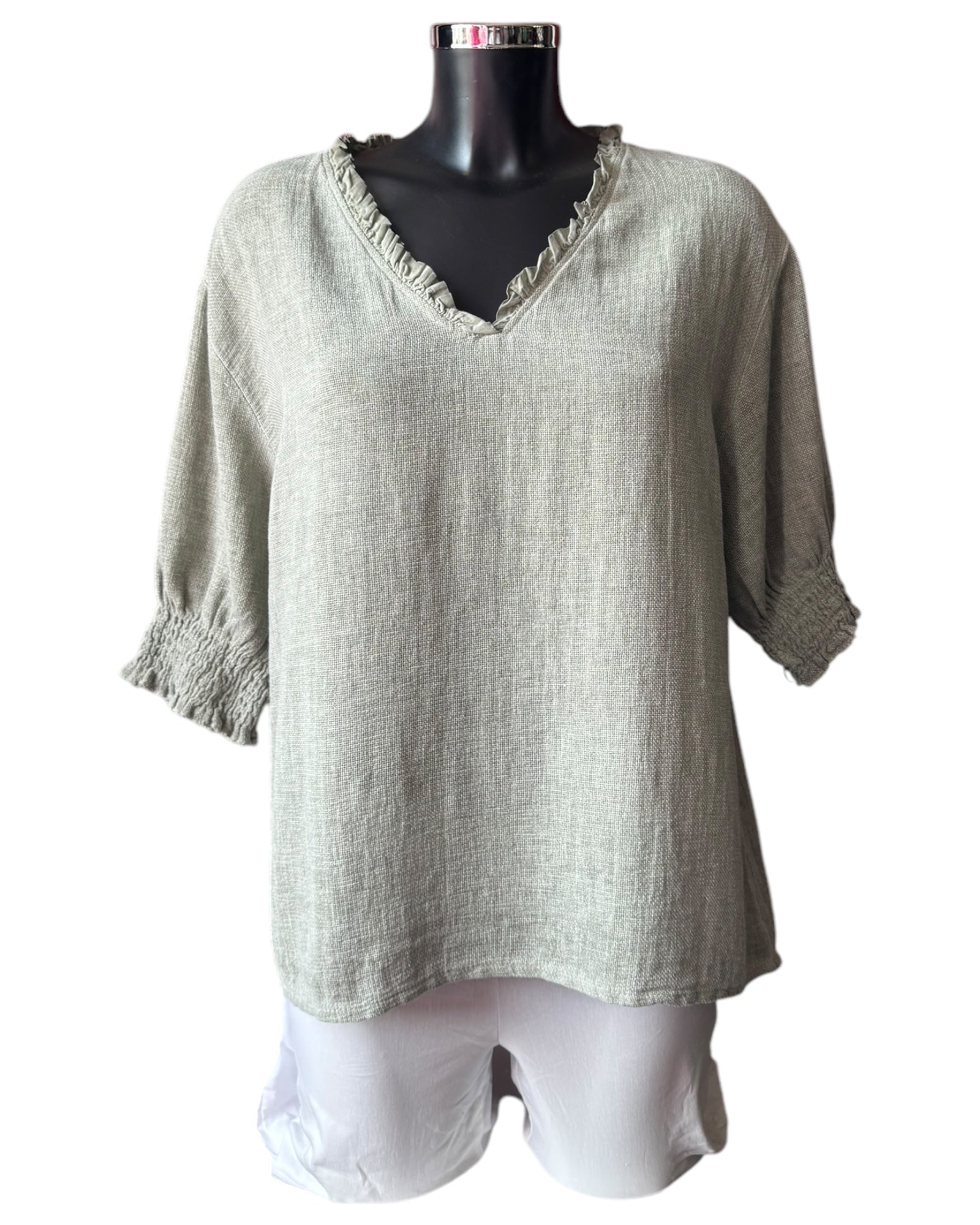 Casey range v neck shirred sleeve top - Khaki