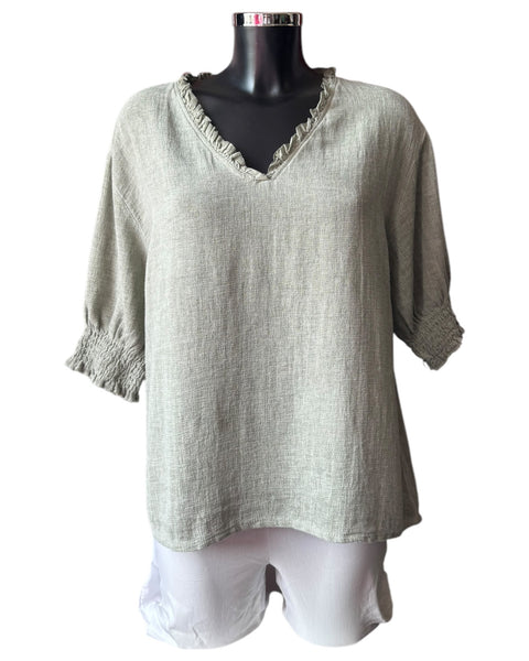 Casey range v neck shirred sleeve top - Khaki