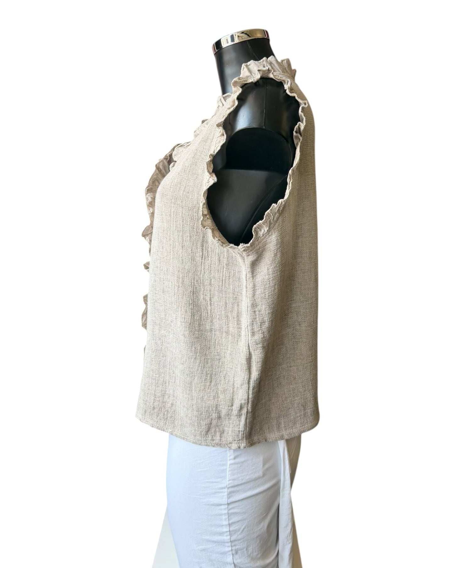 Casey range frill trim waistcoat top - mocha