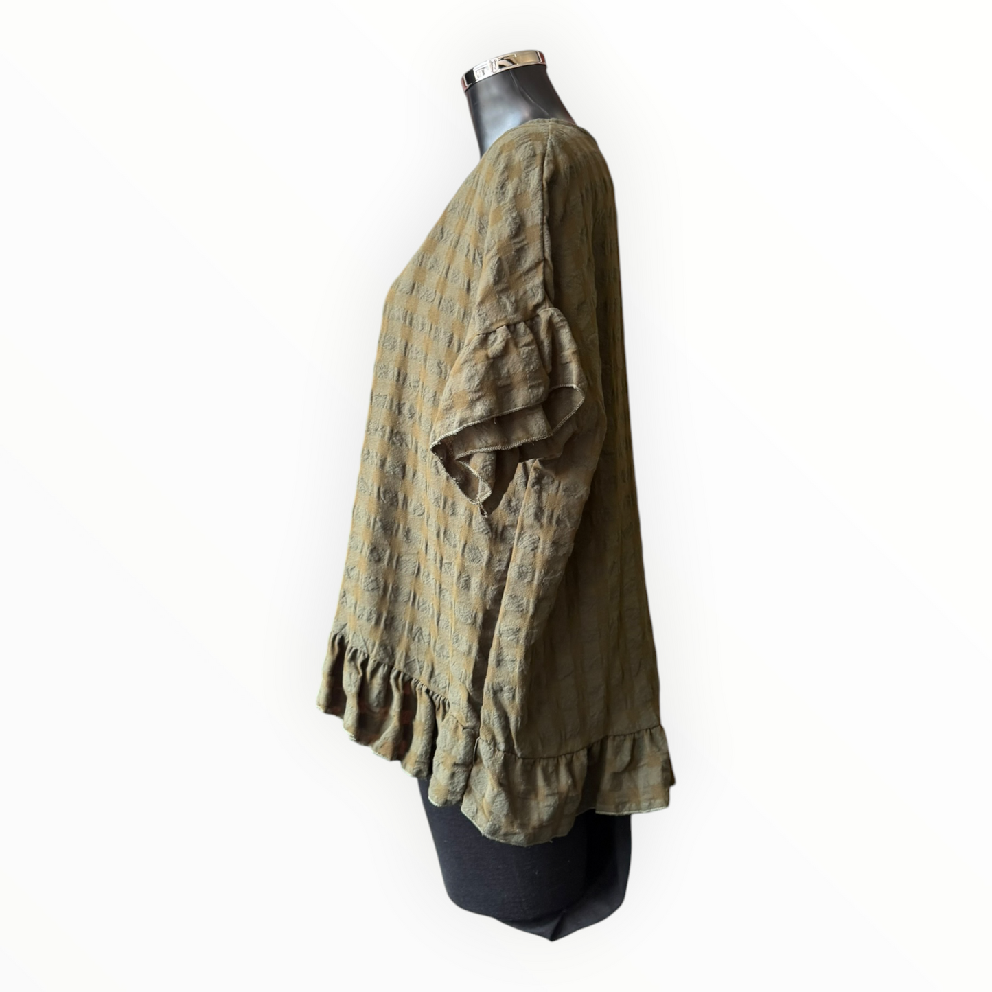 Eliza range checked frill edge top - Khaki