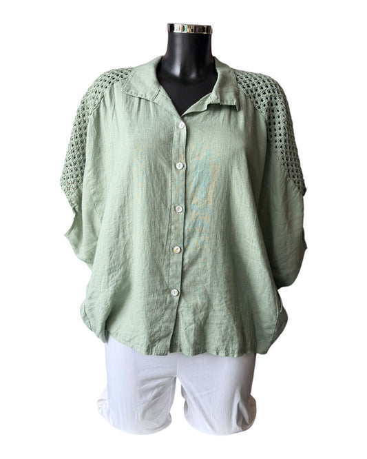 Pippa shaped shirt with open knit shoulder - Khaki