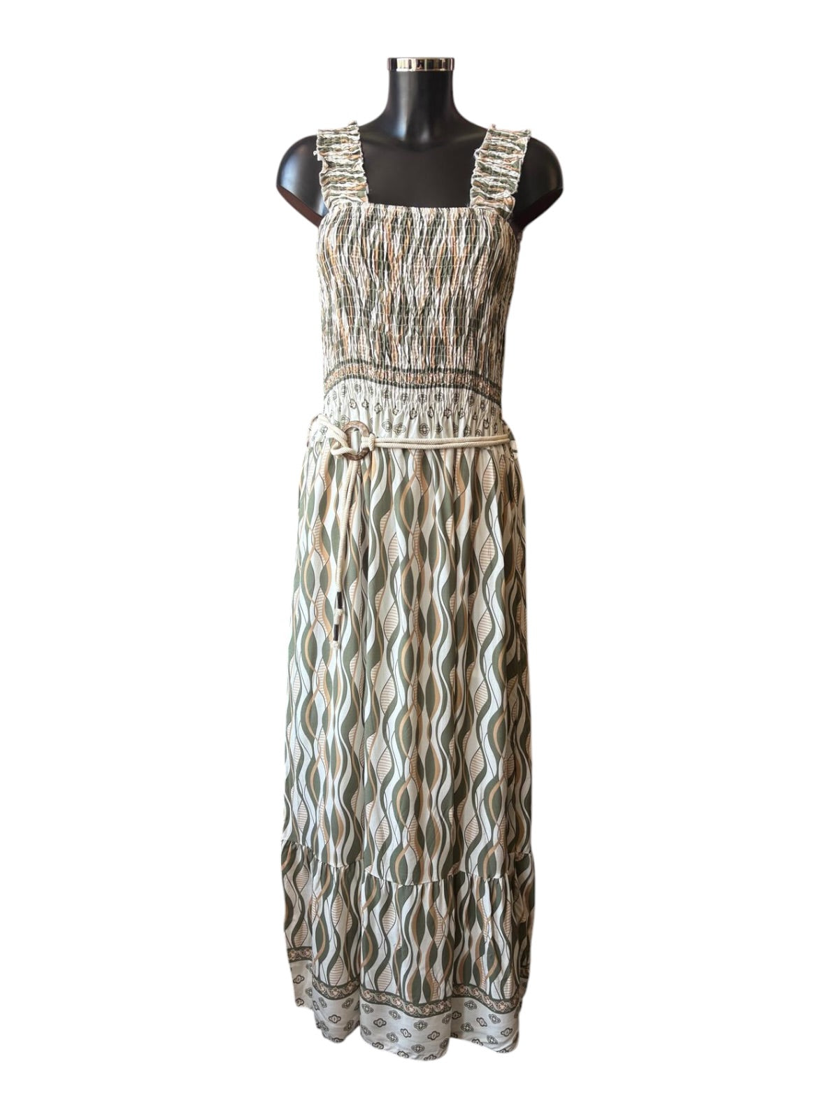 Gloria geo pattern maxi dress with belt - Khaki