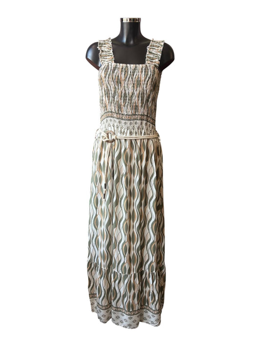 Gloria geo pattern maxi dress with belt - Khaki