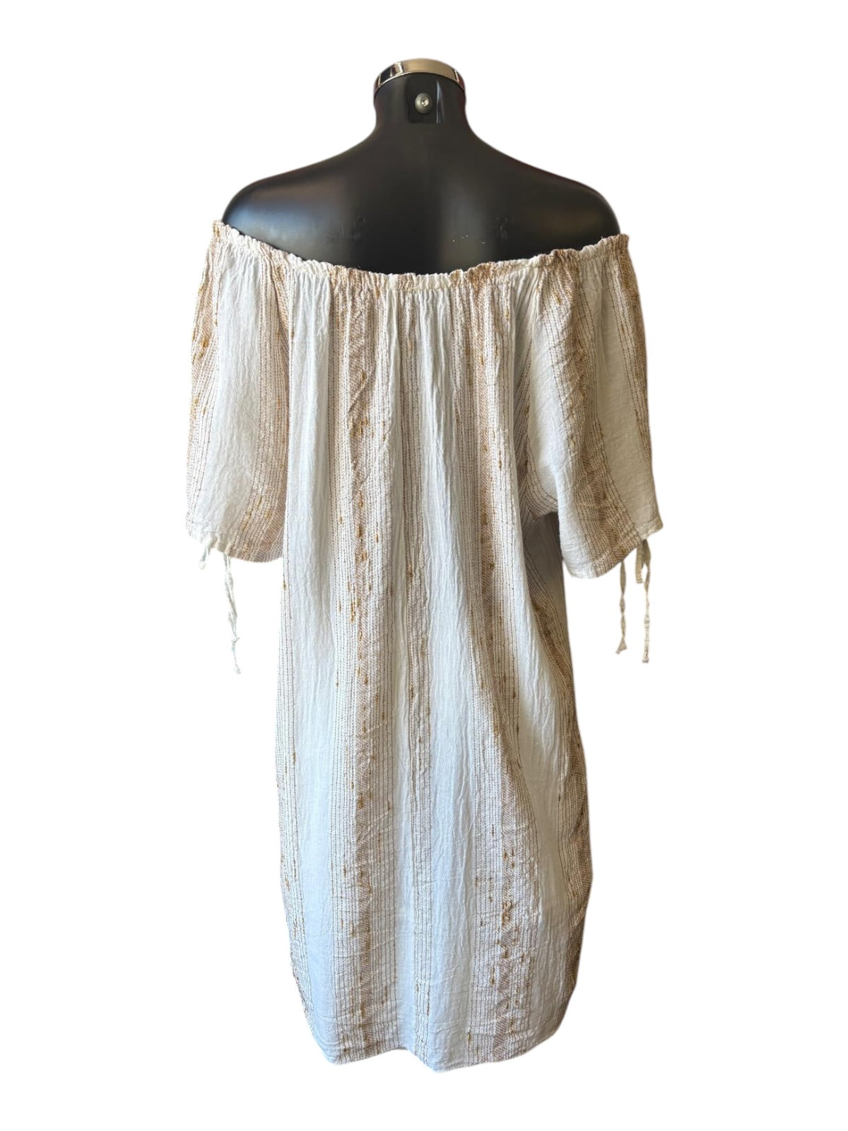 Caprice range linen and cotton gold thread off shoulder dress