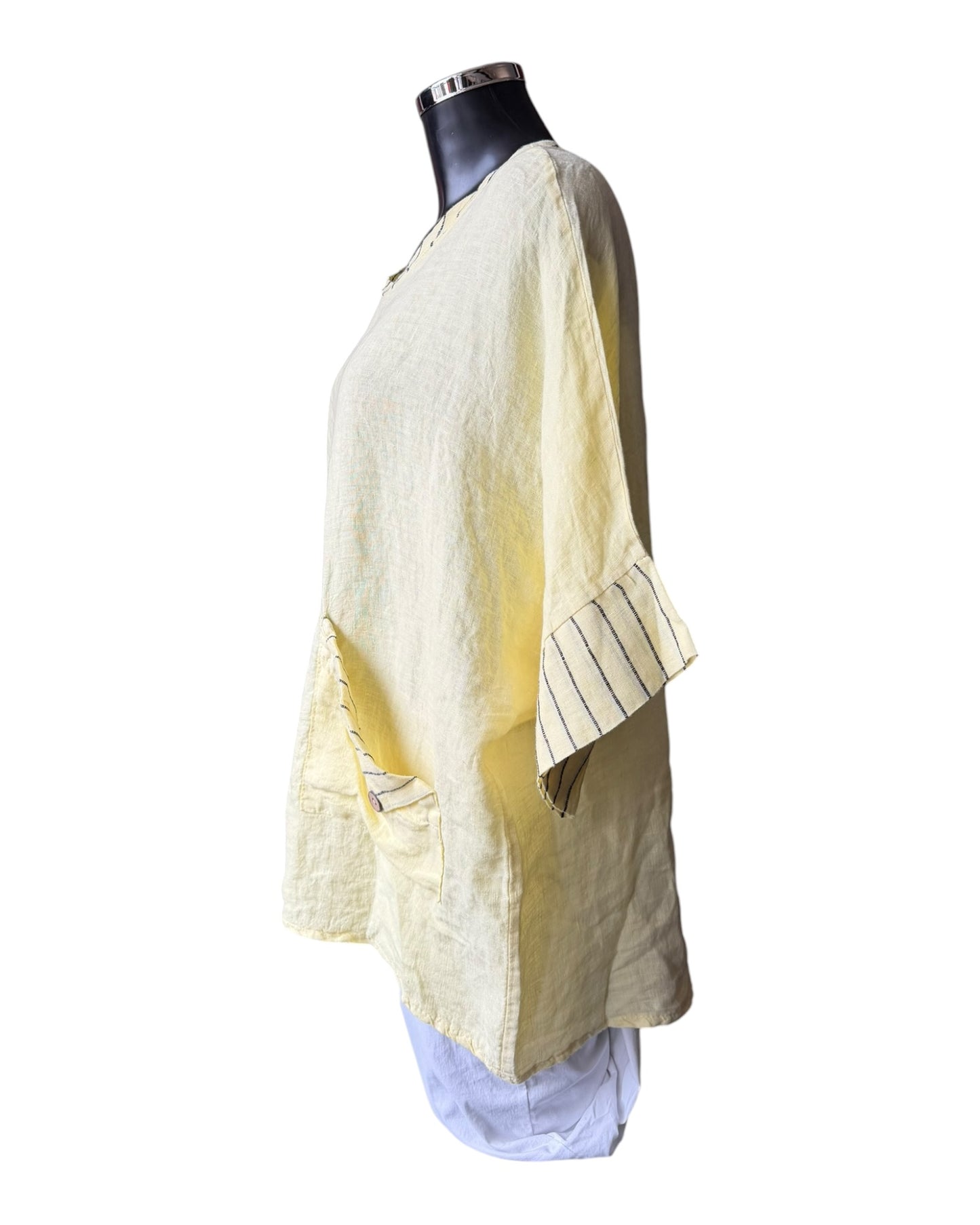 Hilda oversized striped trim linen top - Lemon