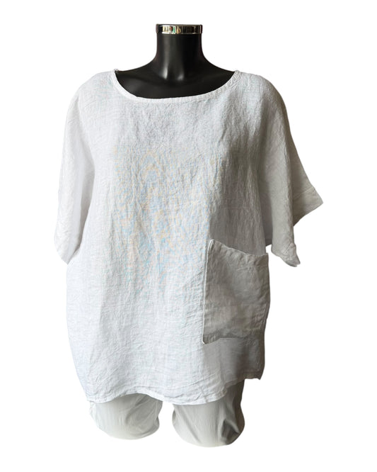 Daisy linen button back pocket top - White