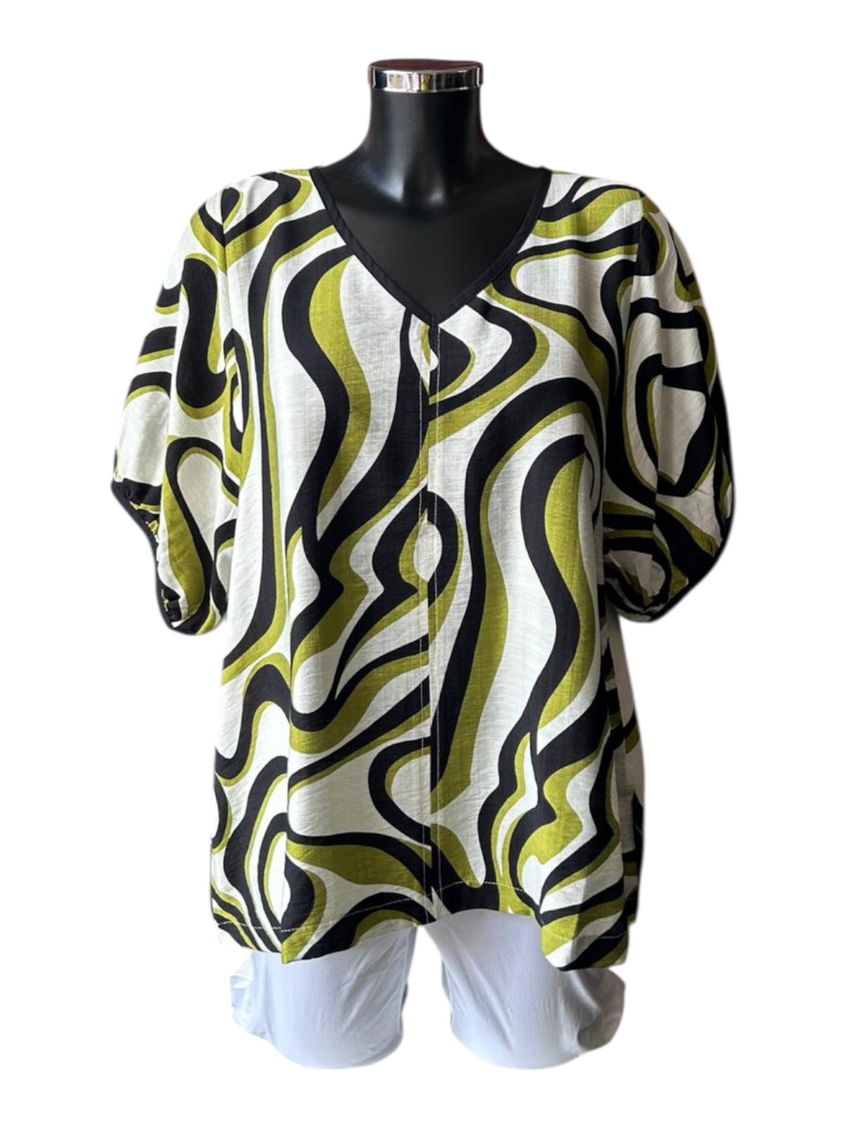 Tirelli bishops sleeve v neck top - Chartreuse swirl print