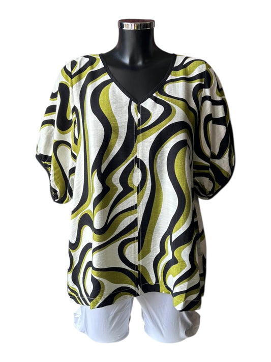 Tirelli bishops sleeve v neck top - Chartreuse swirl print