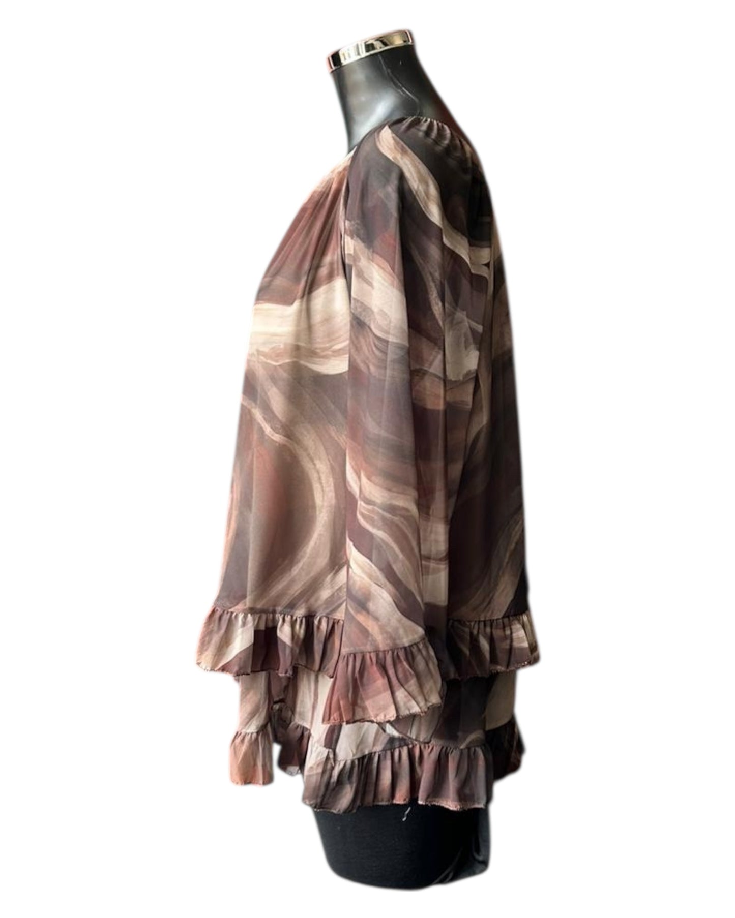 Lara marble print frill edge blouse - Chocolate