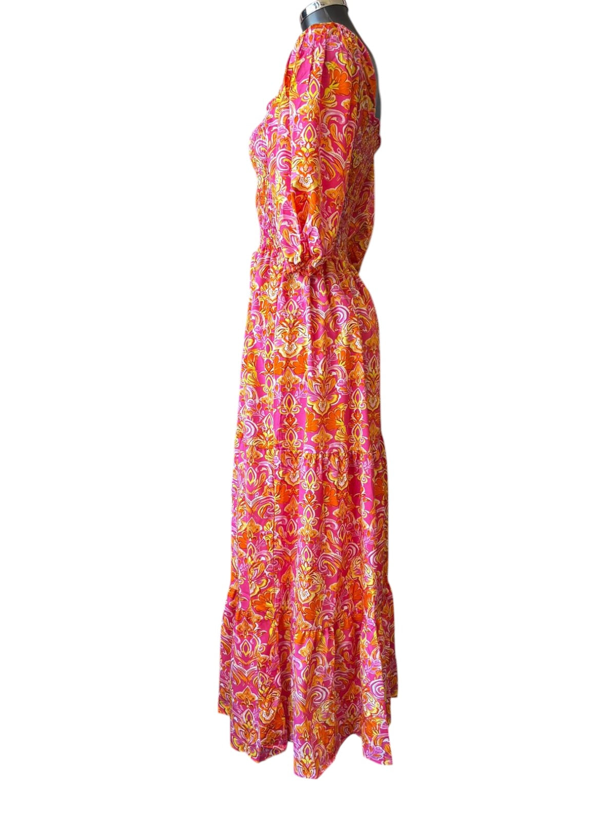 Janey pink/orange milkmaid dress