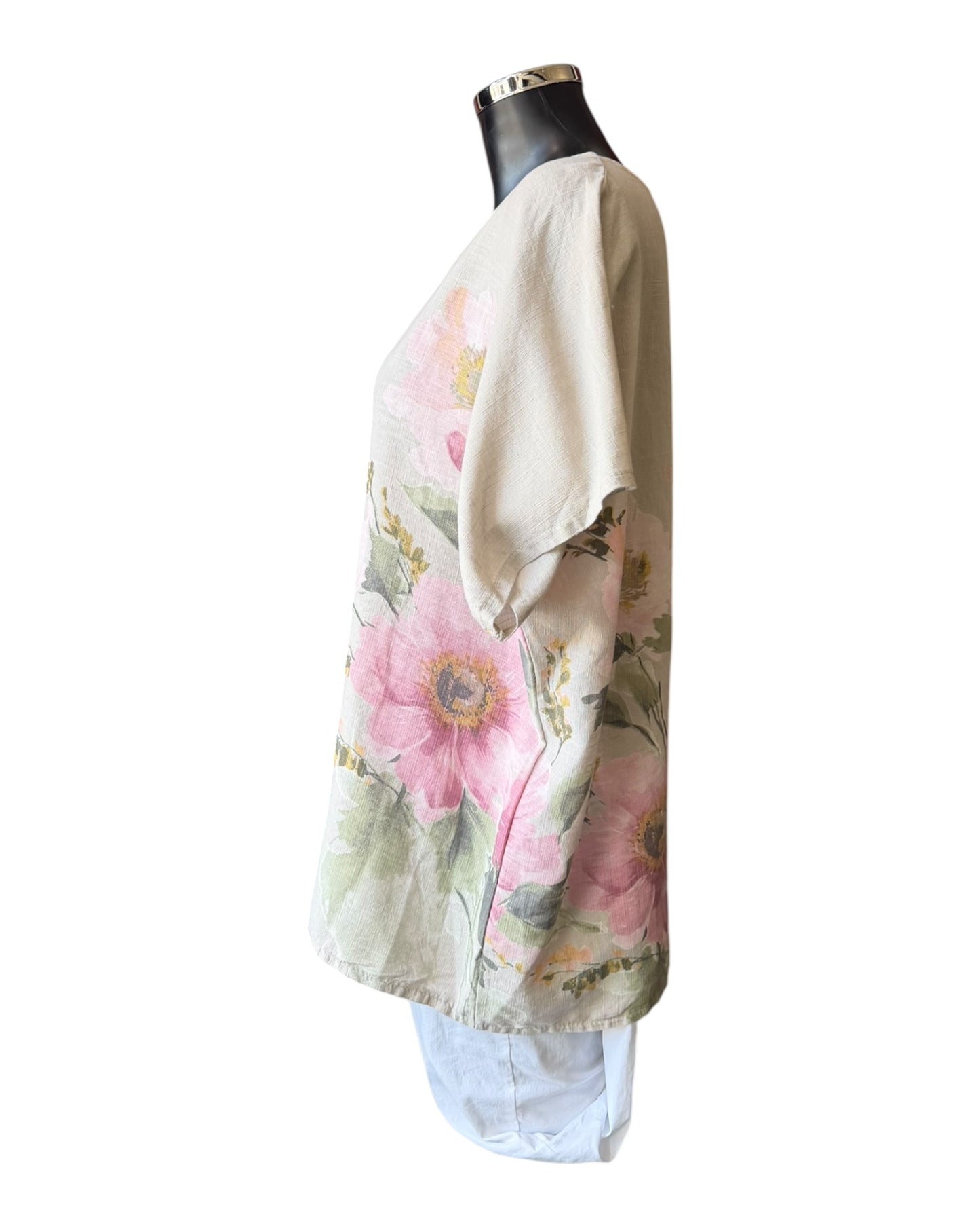 Amilla big flower linen mix top - beige