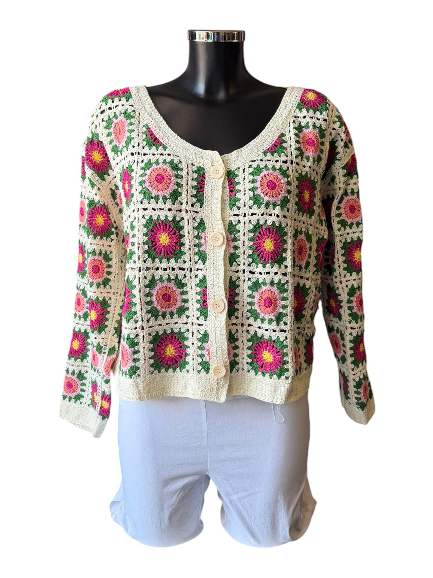 Stevie square flower crochet cardigan - Green mix