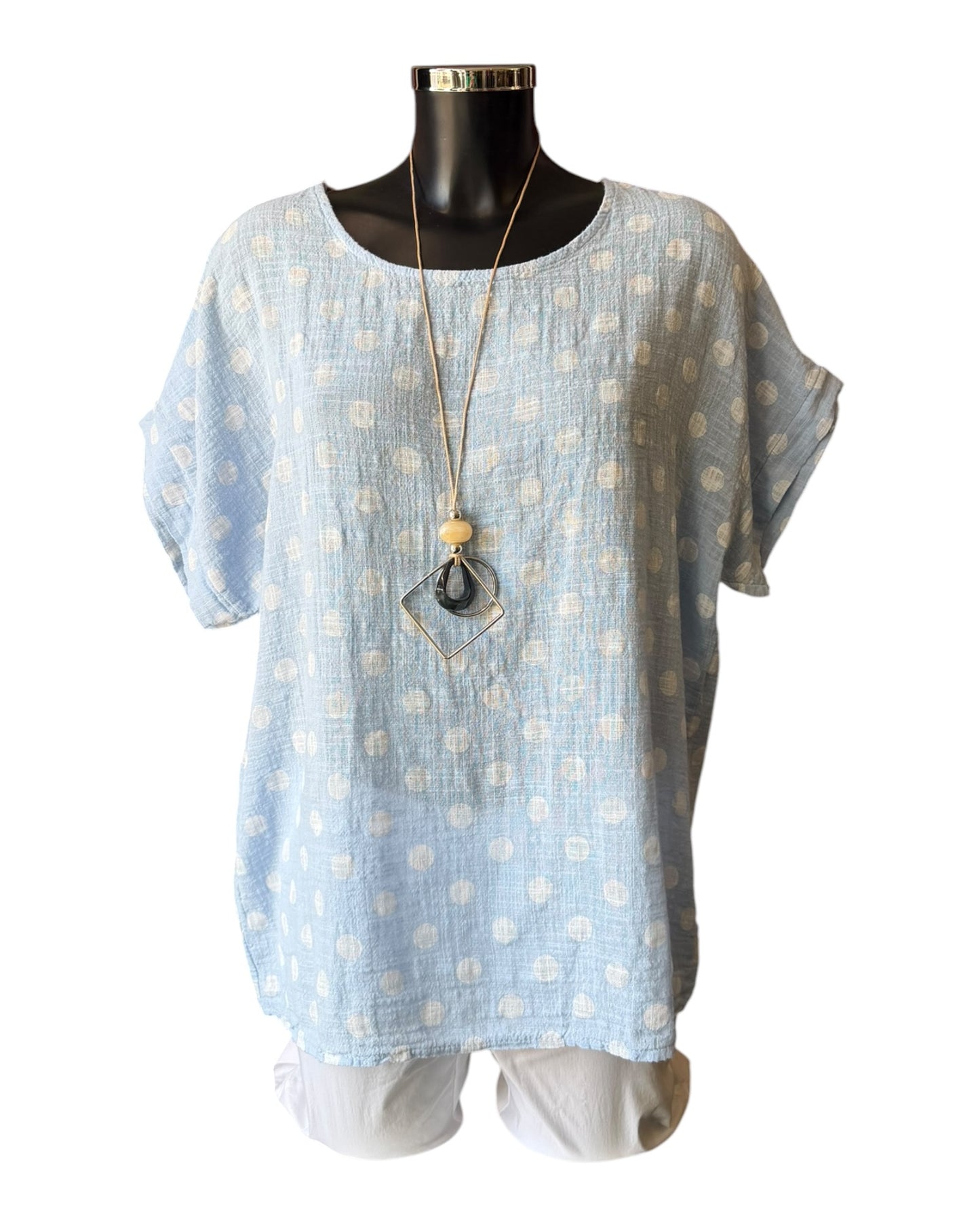 Polly polka dot cotton top & necklace - Pale blue