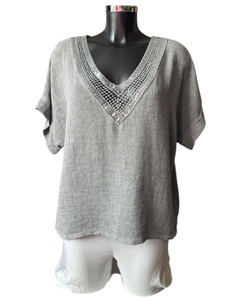 Casey range sequin v neck top - grey