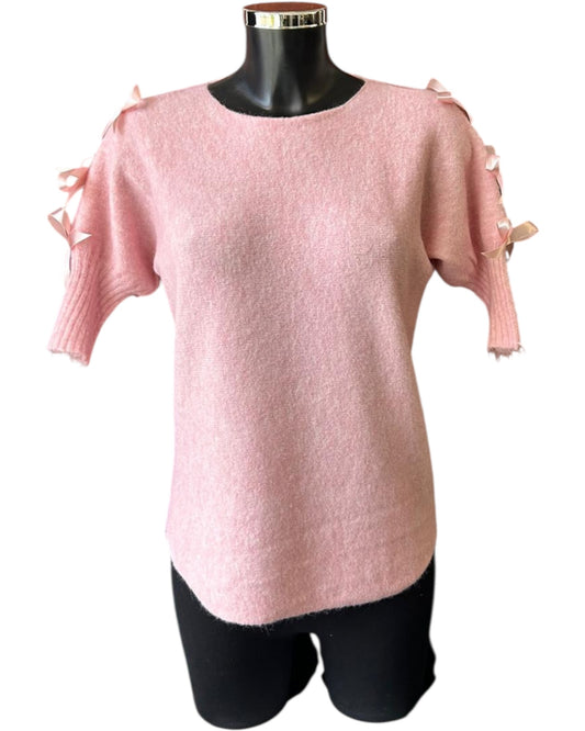 Ada bow detail short sleeve jumper - Pink