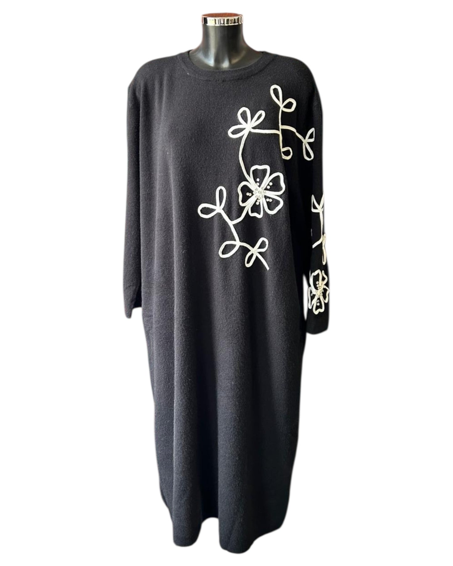 Milano flower range premium knit appliqué sleeve dress - Black