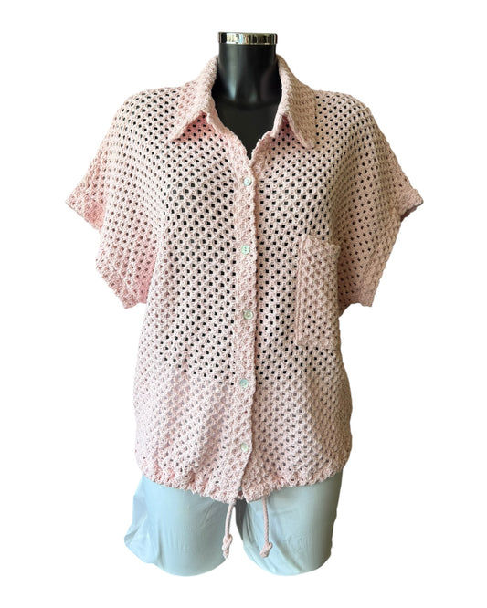 Jodie crochet pink drawstring hem cardigan top