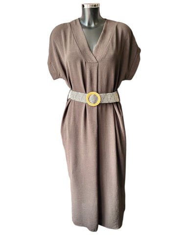 Lucy v neck dress and belt - Chocolate