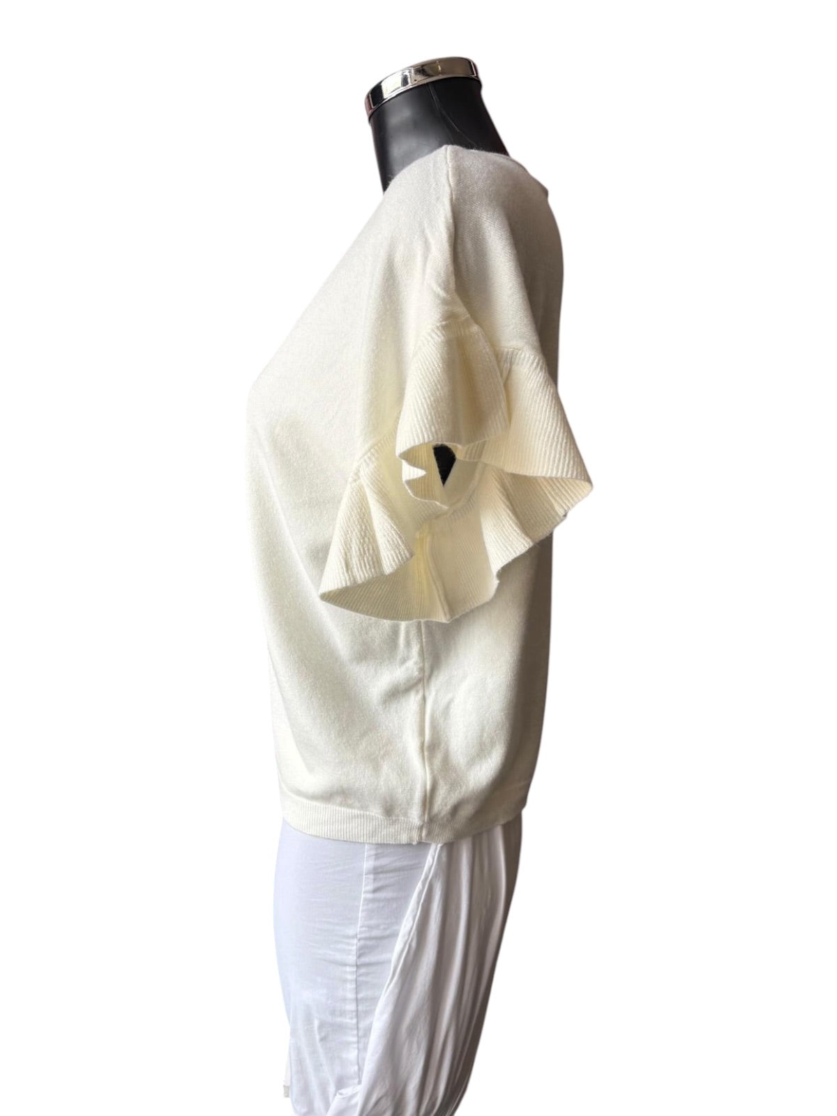 Anya frill sleeve fine knit short sleeve jumper - Ivory
