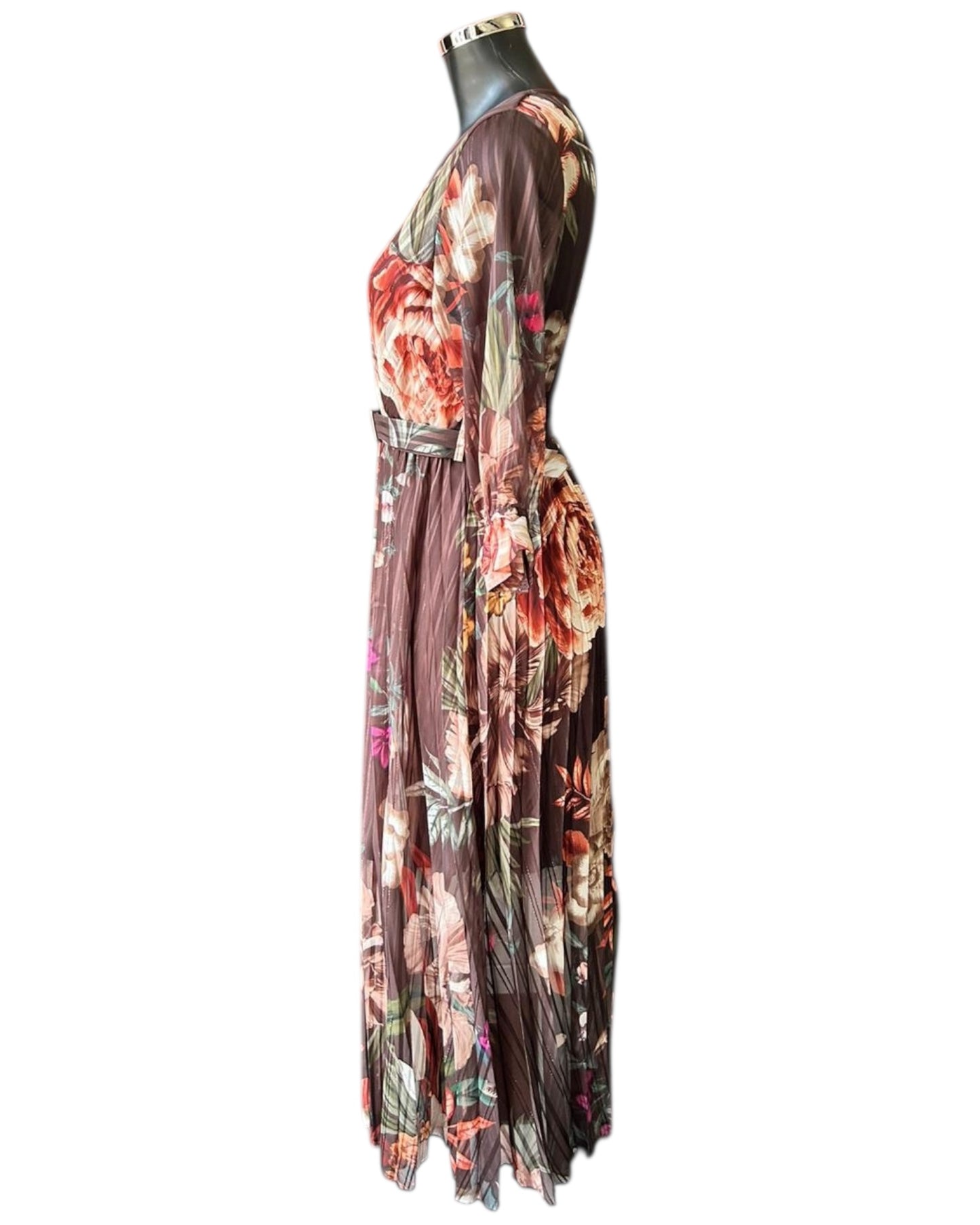 Pandora floral cross over pleated dress - Chocolate Mix